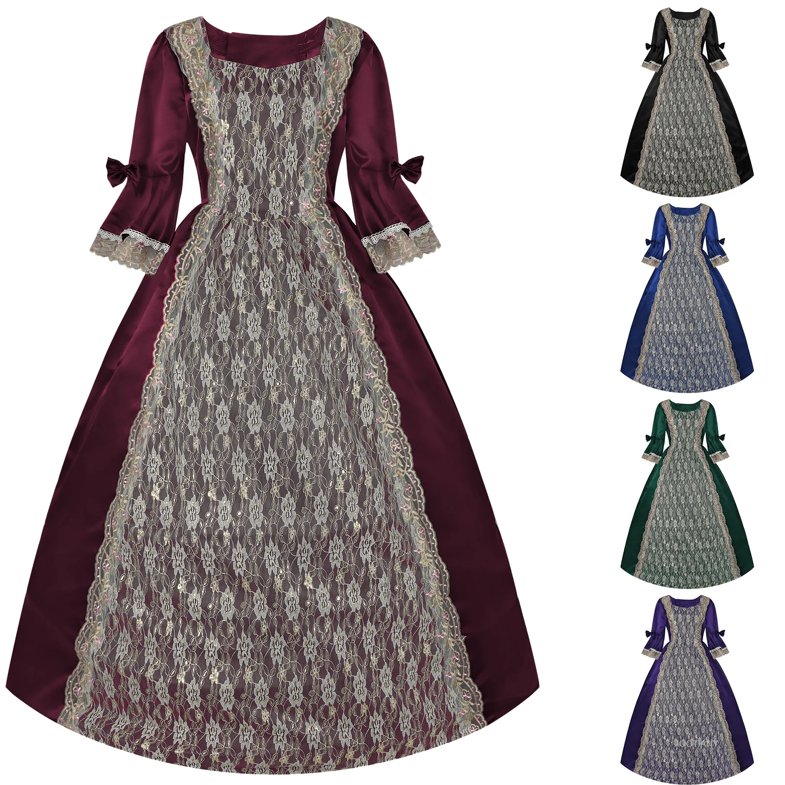 

Medieval Court Retro Dress Gown Performance Costume Halloween Cosplay Dance Aristocratic Evening Party Lace Satin Ladies Dress