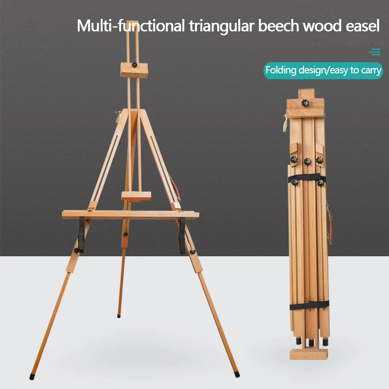 An easel made of beech wood, with a large adjustable and foldable portable triangular drawing storage display stand