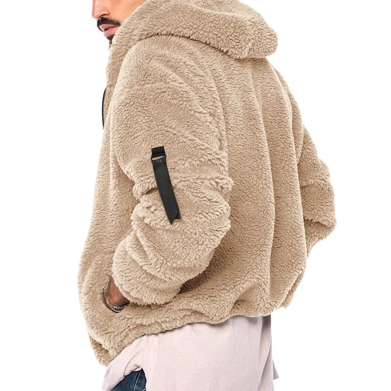 Herren Winter Reißverschluss Fleece Kapuzenjacke Vintage Casual Streetwear Lose Einfarbig Hoodie mit Taschen Freizeit Mode Mantel – Detail 15