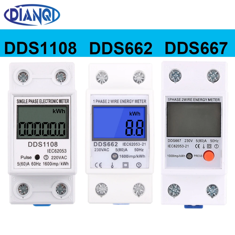 35mm Din Rail Single Phase 60/80A LCD Digital Display Power Consumption Energy Electric Meter kWh AC 220V230V 50Hz/60Hz DDS1108