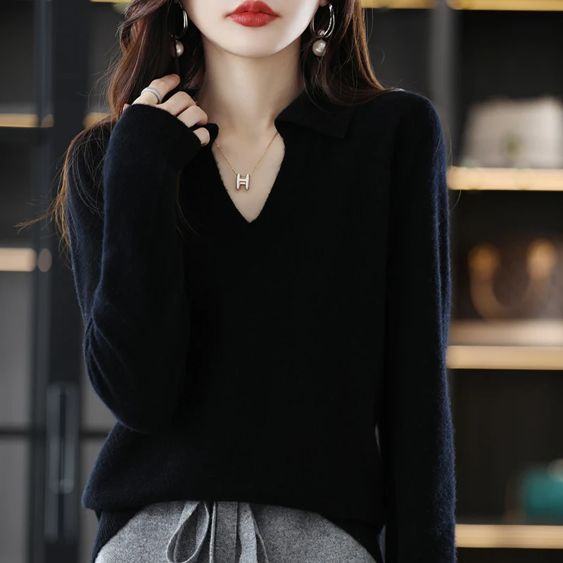 100% Wool Cashmere Sweater Women\'s 2022 Autumn And Winter New Lapel High-Grade Sweater Knitting Loose Set Head Short Top S-XXL