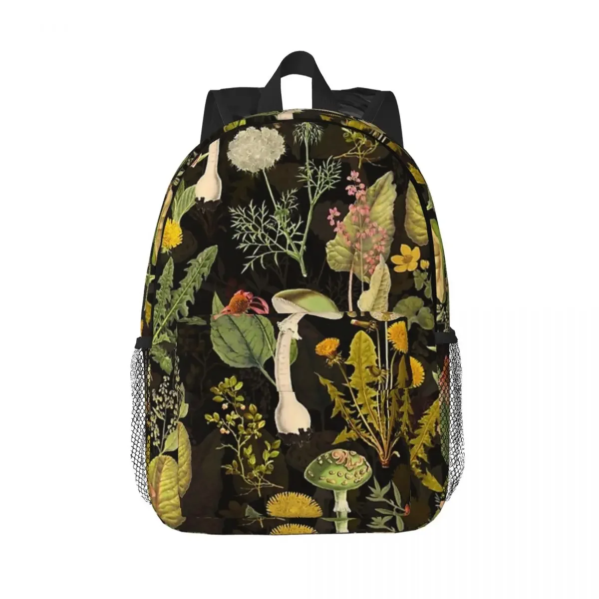 Vintage Toxic Mushrooms And Wildflowers Forest Pattern On Black Backpacks Boys Girls Bookbag Casual Laptop Rucksack Shoulder Bag