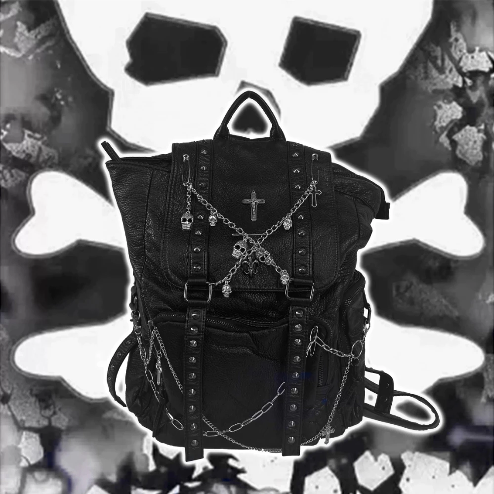 Black Punk Cross Backpack Y2K Large Capacity Backpack Soft Leather Shoulder Bag Commuter Tote Bag