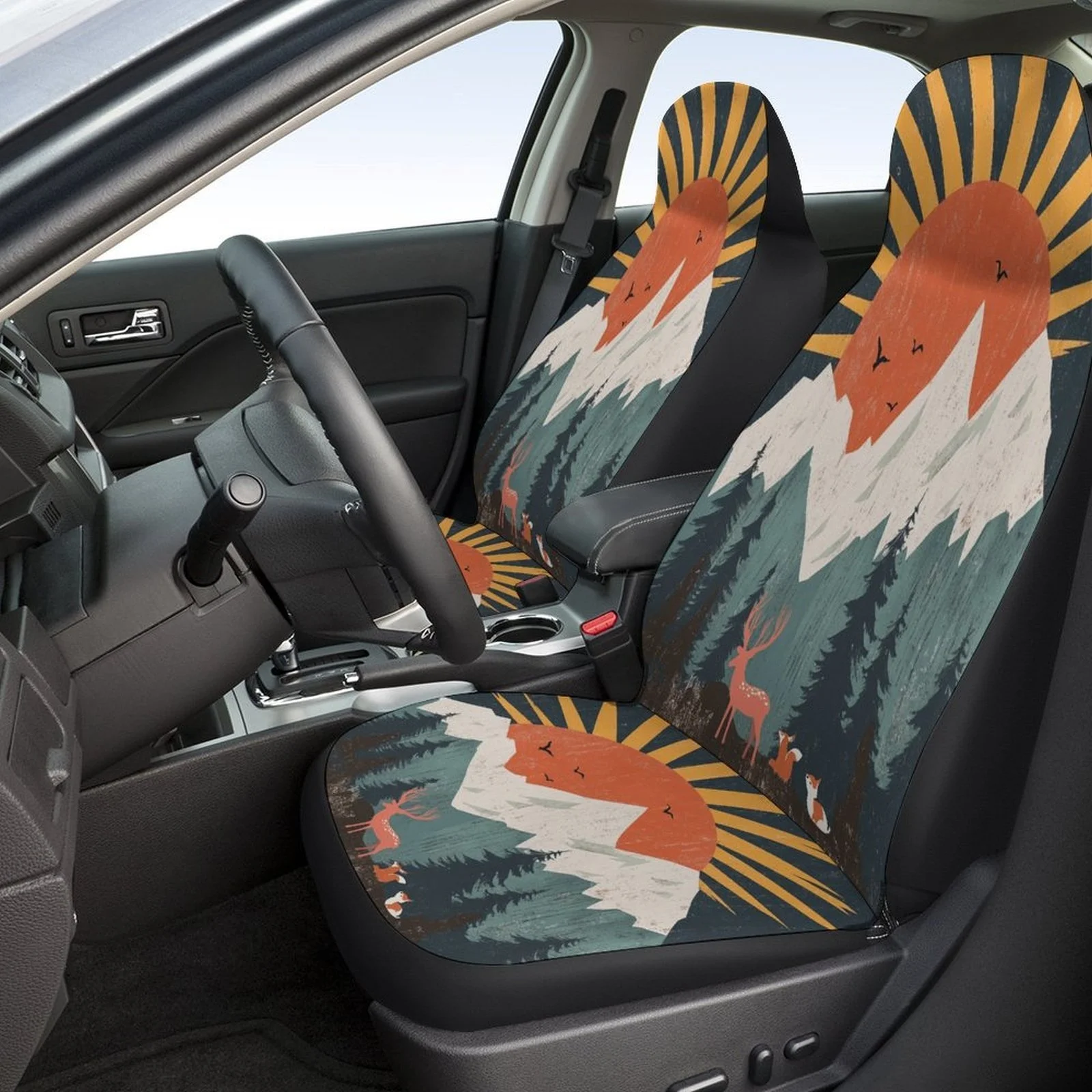 Mountain Sunset Wildlife Themed Car Seat Cover Set For Most Cars, Fashion Personalized Novelty Car Seat Protector Covers Full Se 2