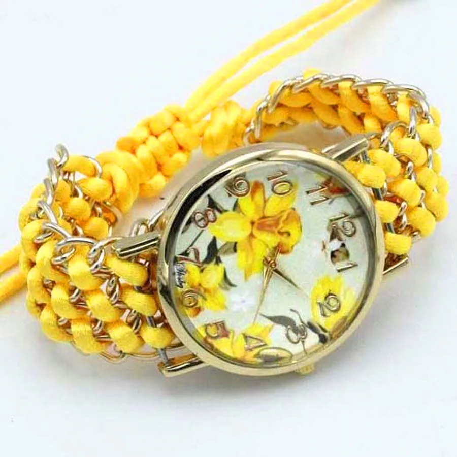 Shsby New Ladies Flower Hand Knitted Wristwatch Gold Women Dress Watches High Quality Fabric Quartz Watch Sweet Girls Watch