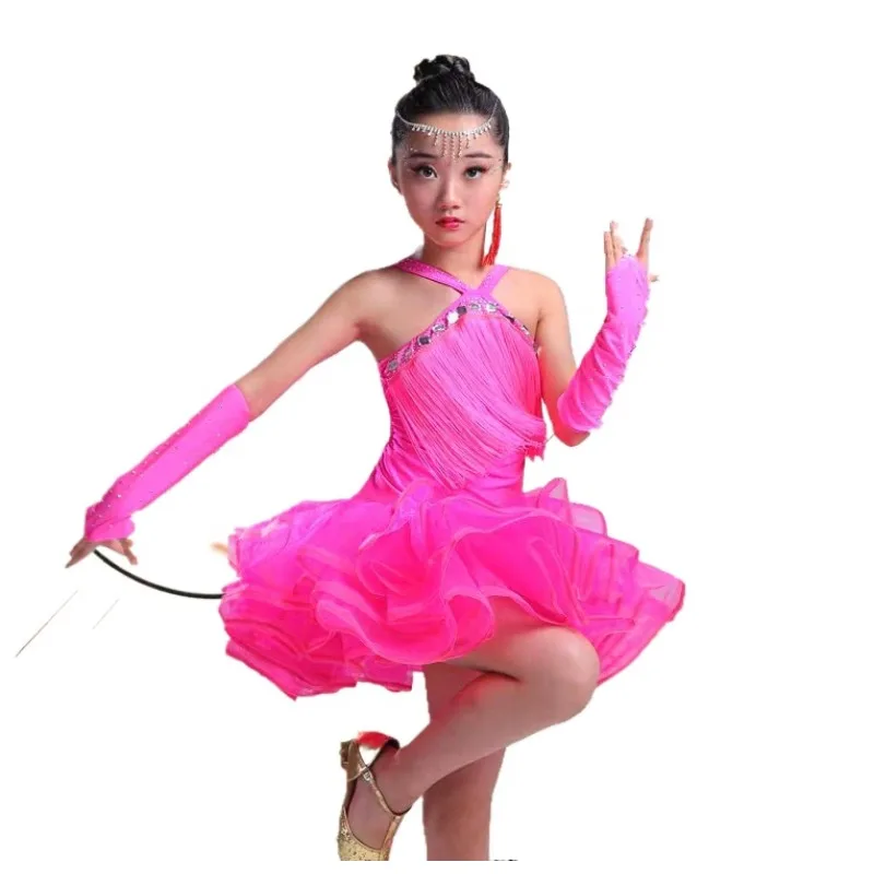 Professional Girls Modern Ballroom Latin Dance Costumes Fringe Latin Dance Dress Fluffy Tulle Skirt Children Latina Dresses