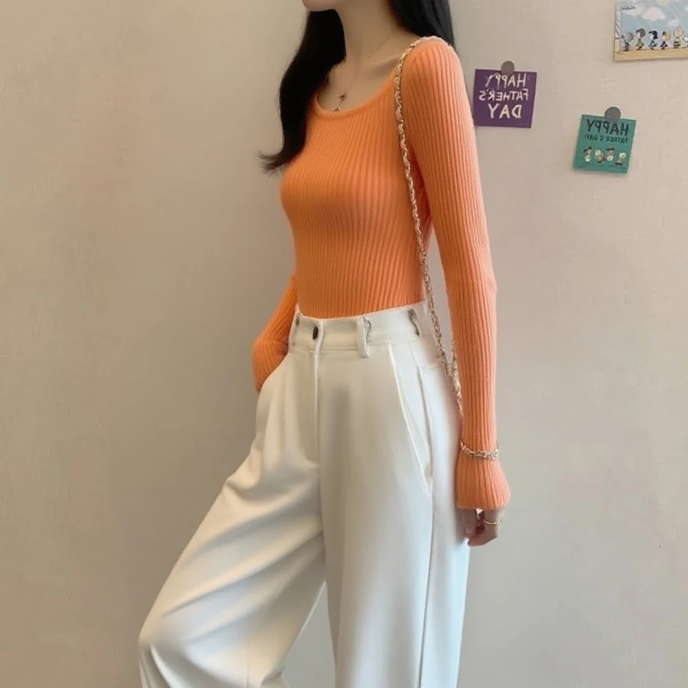 O Collo Sottile T-shirt elasticizzata Pullover Abbigliamento donna Nero Bianco Arancione O-Collo Camicetta in maglia S-XL Maglione sexy a maniche lunghe Top Girl