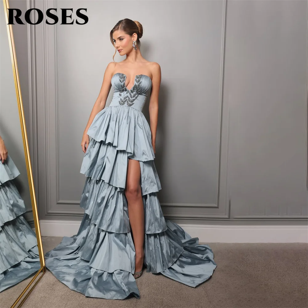 

ROSES Dusty Blue Evening Dress with Beaded Leaf Embroidery Prom Dress Tiered Party Formal Gown Side Slit robe de bal Customized
