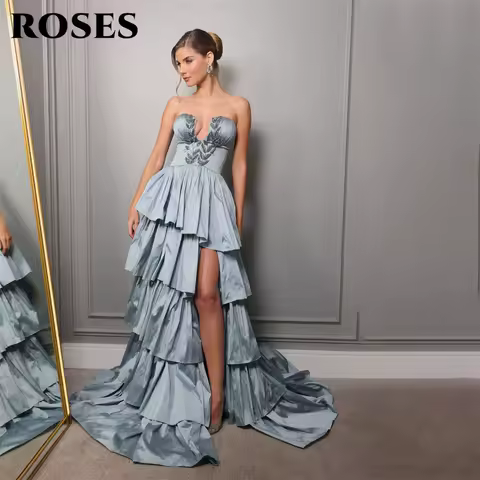 ROSES Dusty Blue Evening Dress with Beaded Leaf Embroidery Prom Dress Tiered Party Formal Gown Side Slit robe de bal Customized