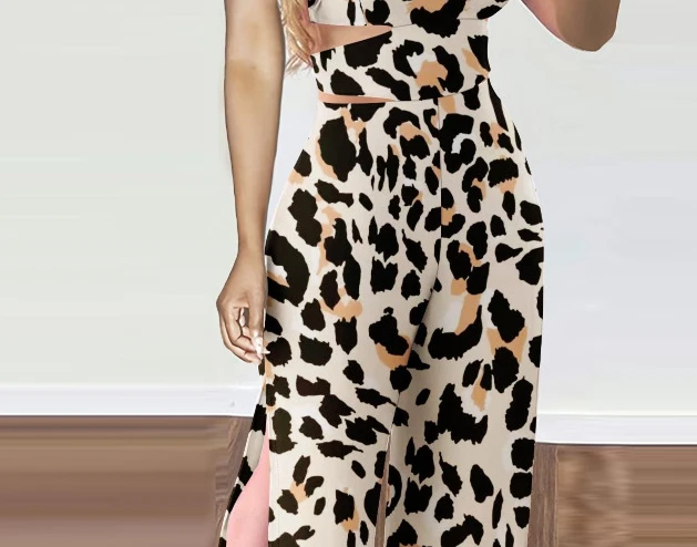 여성 봄 여름 점프 슈트 레오파드 프린트 컬러 민소매 하이 웨이스트 와이드 레그 팬츠 캐주얼 패션 편안한 레귤러 외장