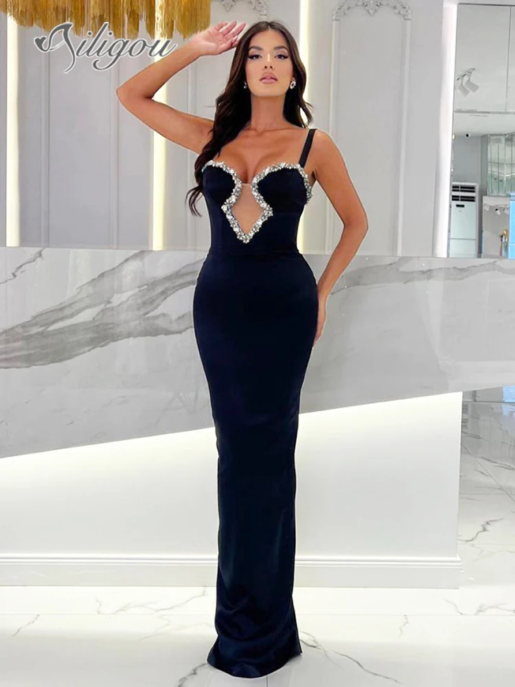 

Ailigou 2024 New Women's Elegant Bodycon Crystal Diamond Evening Dress Italian Noodle Strap V-Neck Sexy Tight Long Bandage Dress