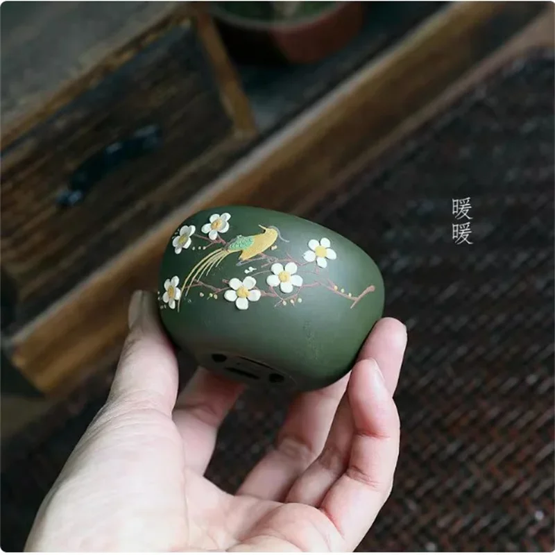 Ceramic Bonsai Pot,Round,Green,Flower Bird Pattern,Purple Sand Flower Pot,Small Mini Vase, Indoor Flower Pot,Garden Deoctation
