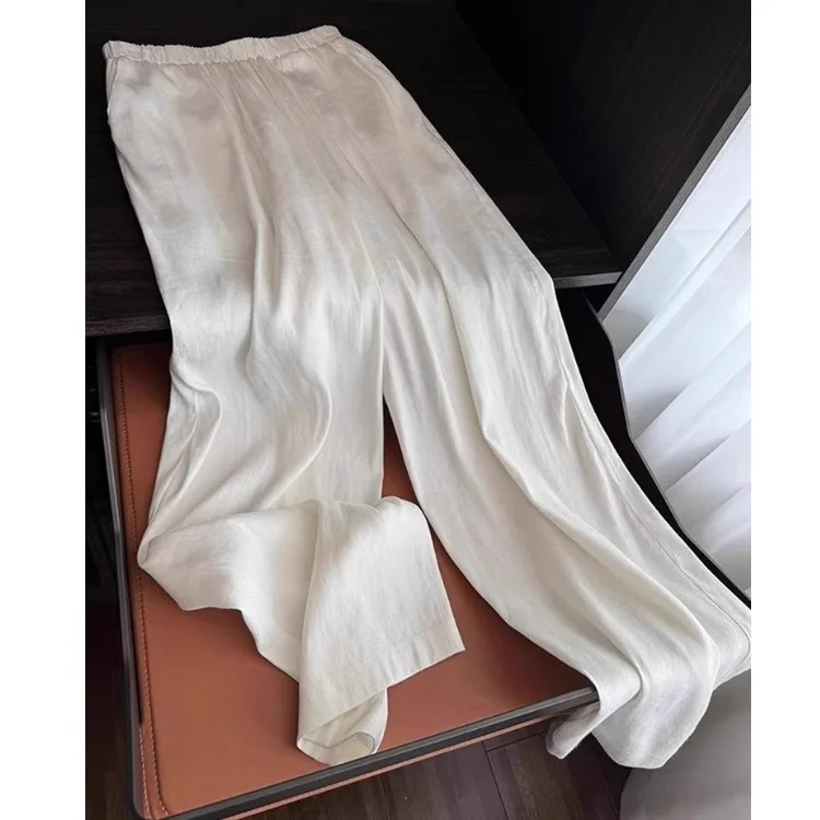 Pantaloni a gamba larga in lino di cotone di fascia alta Pantaloni estivi da donna in lino bianco a taglio dritto allentato Pantaloni lunghi casual a vita alta