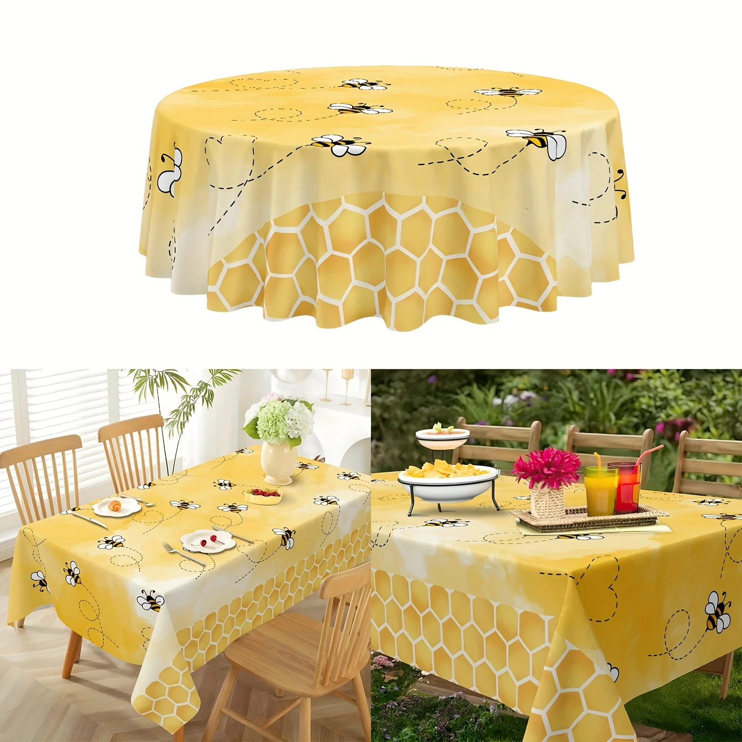 1pc Bright Yellow Bee and Hive Tablecloth - Polyester, Round Design