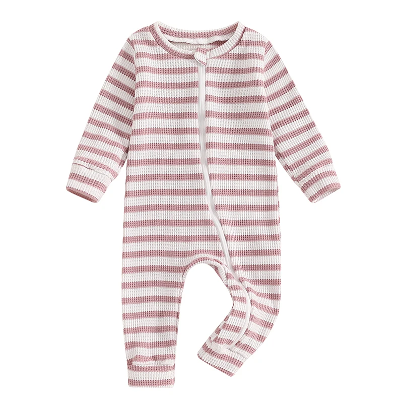 

Baby Striped Jumpsuit Long Sleeve Crew Neck Zipper Closure Fall Romper Clothes for Boys Girls