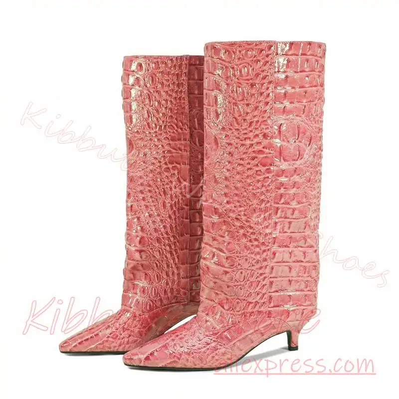 Knee High Boots Women Pointed Toe Low Kitten Heel Pull On Retro Subculture Footwear Fashion Statement Leather Street Party Sexy