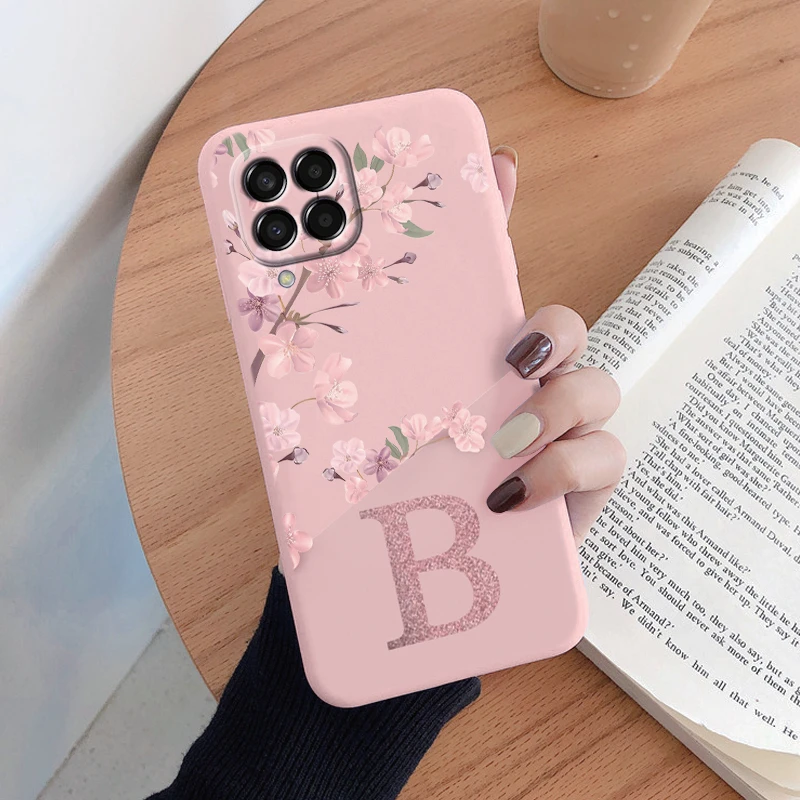 Initial Letter A Z Case For Samsung Galaxy M33 M53 M13 M14 5G Cover Pink Flowers Soft Silicone Back Fundas Shell  Coque Bumper