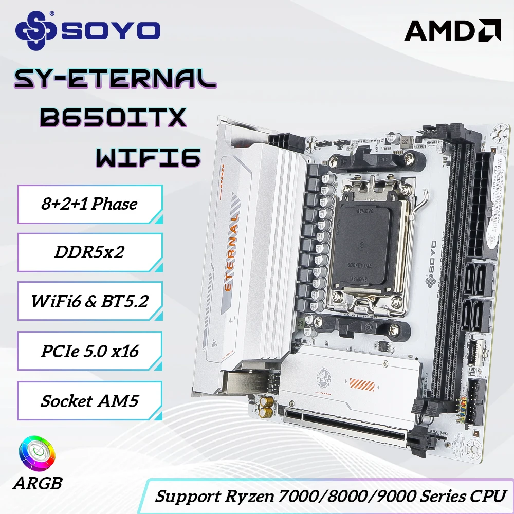 

SOYO AMD Eternal B650ITX WiFi 6 Gaming Motherboard,Support dual-channel DDR5 memory and M.2 NVMe PCIe 5.0 interface ，AM5 Socket