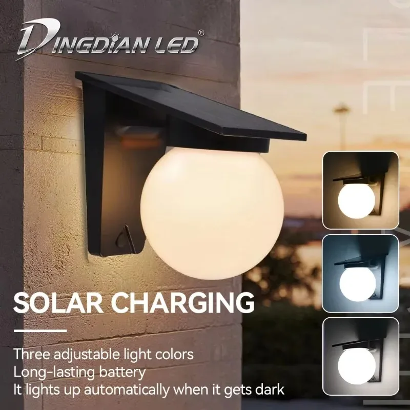 

Новый солнечный настенный светильник для улицы, водонепроницаемый, для двора, сада, виллы, ландшафтный фонарь, трехцветный, круглый, декоративный светильник.