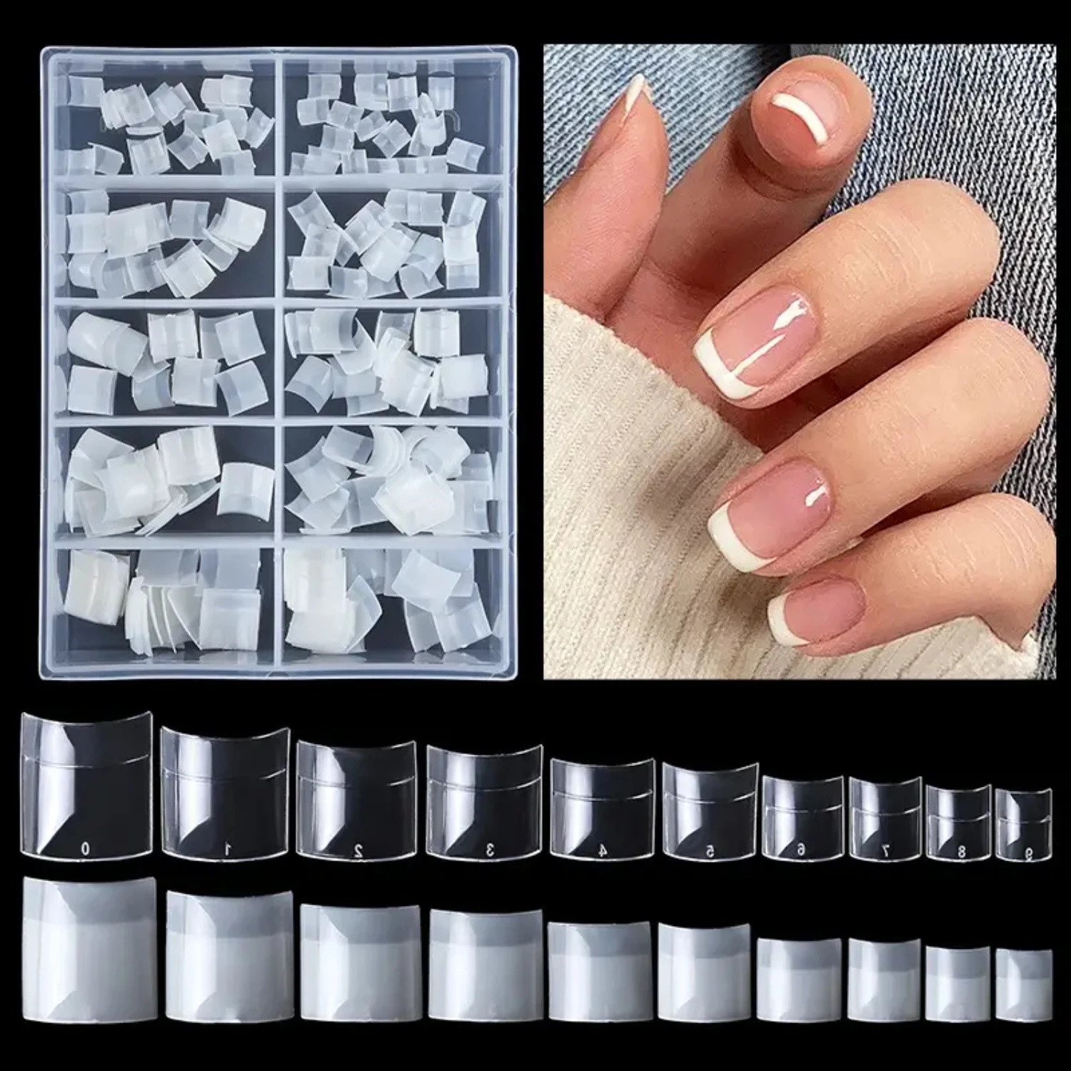 Uñas postizas de manicura francesa transparente semipasta de color natural - Juego de parches de uñas cortos de calidad de salón en 1 caja