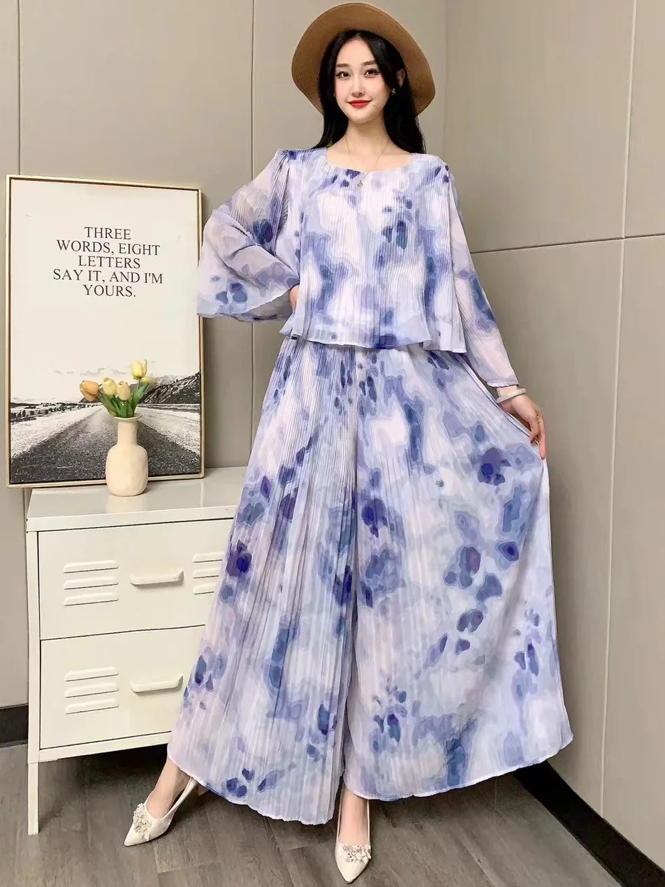 2024 New Spring Summer Women Tie Dye Pleated Pants Suit Loose Speaker Sleeve Chiffon Shirt And Wide Leg Long Pants Two Piece Set