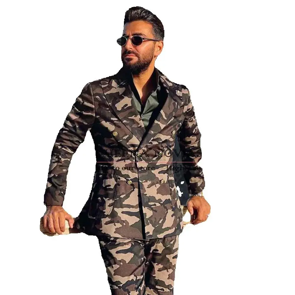 

Men Suits Camouflage Double Breasted Formal Business Wedding Causal Prom Tuxedos 2 Pieces Jacket Pants Customized Man Clothing