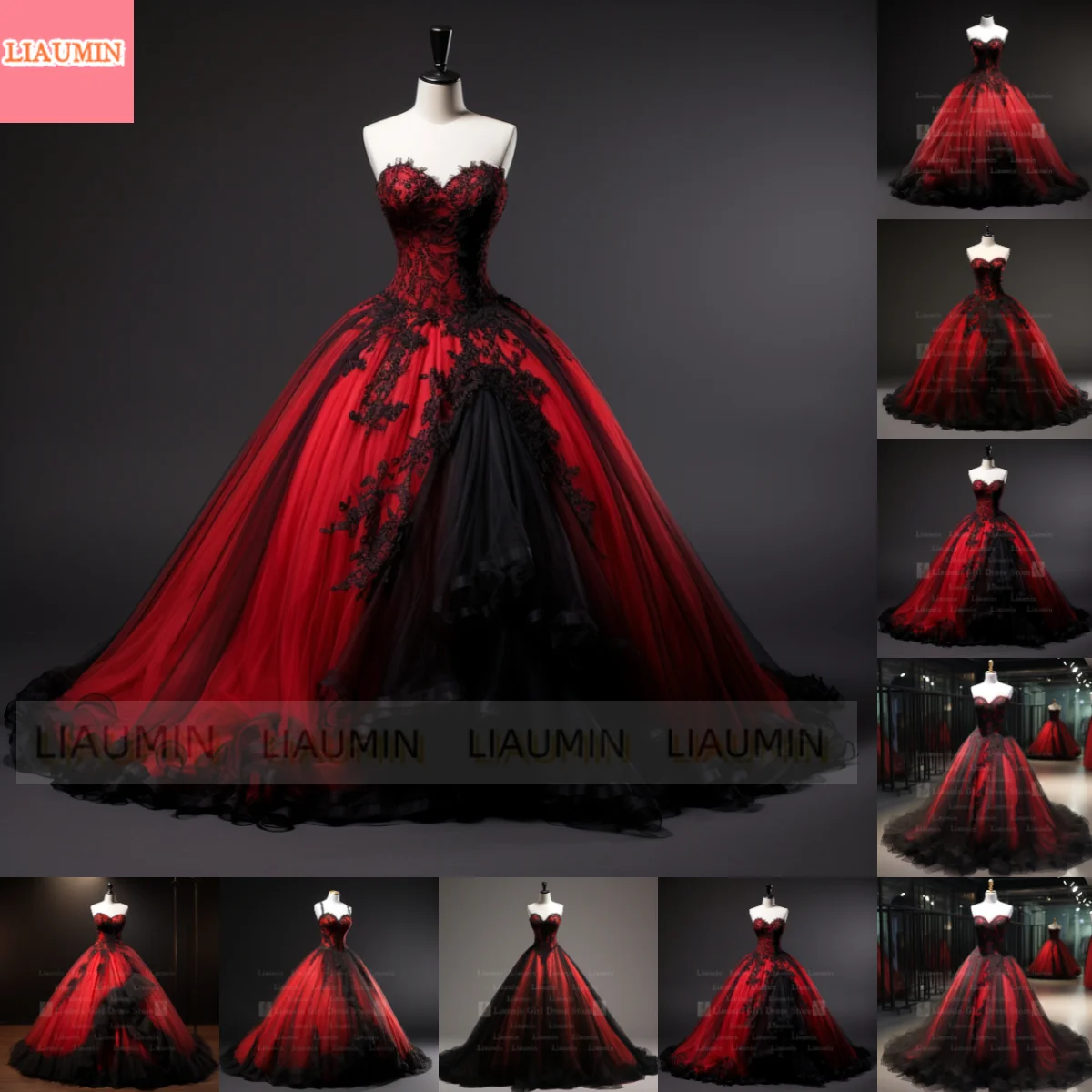 

Red Tulle and Black Lace Edge Applique Straplress Full Length Lace Up Back Evening Dress Formal Occasion Elagant Clohing W1-4