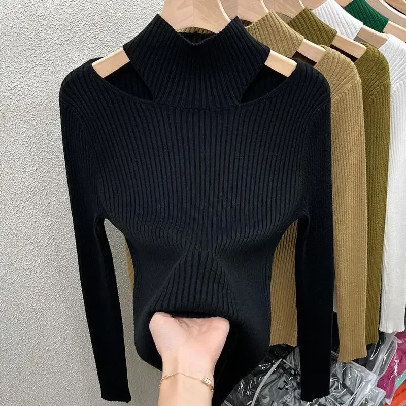 Women\'s Blouse Chic Hollow out Sexy knitted Pullovers for Autumn Winter Female Korean Clothing Solid Full Sleeve Bottoming Shirt