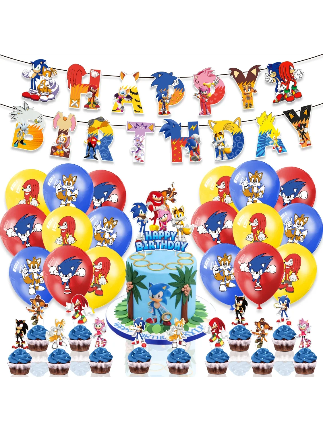 Ensemble de décoration de fête d'anniversaire sur le thème sonique, bannières soniques, décoration de gâteau, ballons suspendus en spirale, fournitures de bain pour bébé garçon