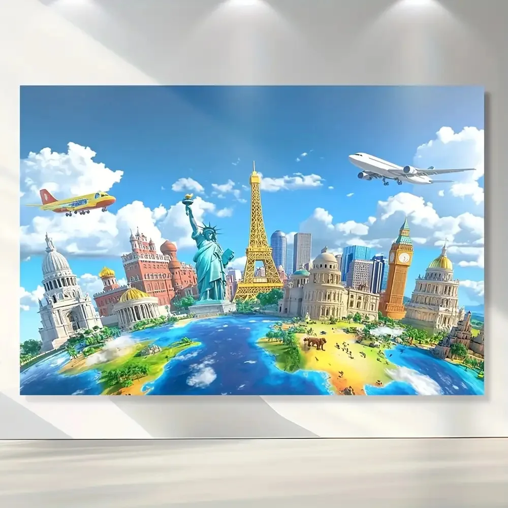2D flat-print world map wall painting, featuring global landmarks - vibrant golden travel-themed room decoration
