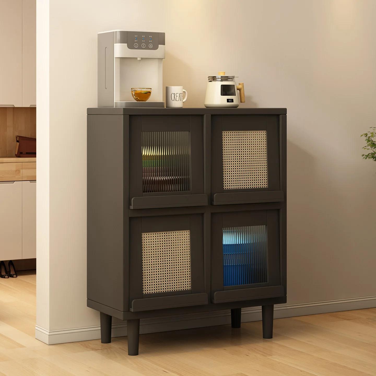 Solid wood dining side cabinet against the wall Integrated locker Living room Sofa side Tea cabinet Grid cabinet Flip door Bucke