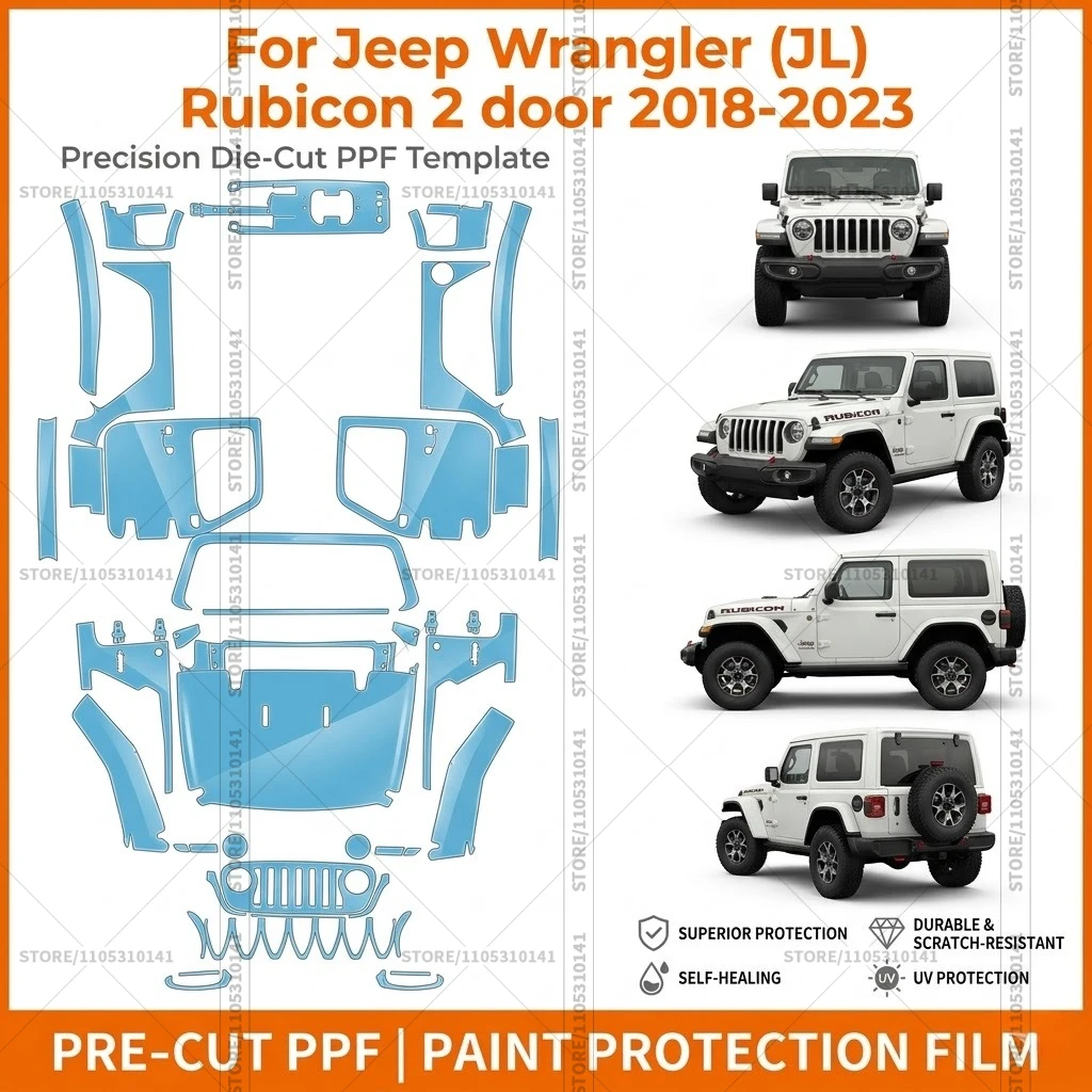 

Предварительно нарезанная защитная пленка PPF, прозрачная защита бампера, прозрачная пленка для автомобиля Jeep Wrangler (JL) Rubicon 2-дверный 2018-2023