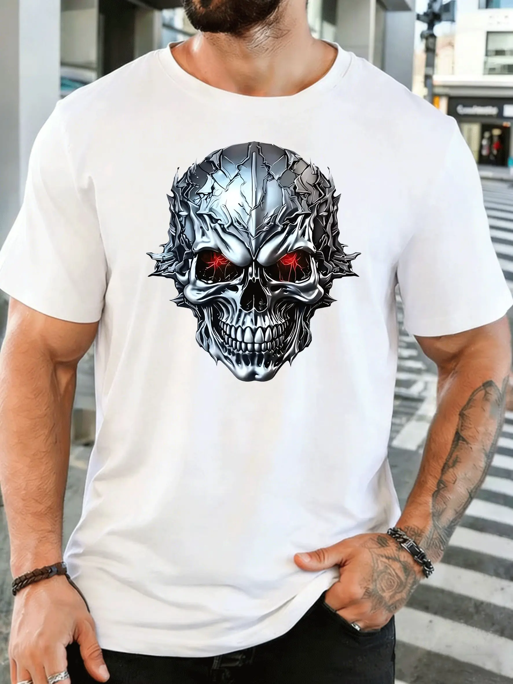 Metallic Skull With Red Eyes Mens Front Print T Shirt Dark Horror Graphic Tee Casual Short Sleeve Top Gothic Style Lover Gift