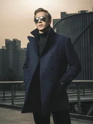 AI NI YA Autumn/Winter New American Retro Navy Blue Woolen Men's Coat Slim Fit Mid length Business Casual Windproof Coat