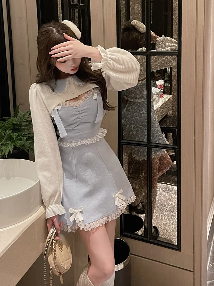 Lace Japanese Sweet Lolita Dress Women Bow Pink Kawaii Party Mini Dresses Female Blue Princess Korean Fashion Dresse Winter 2022