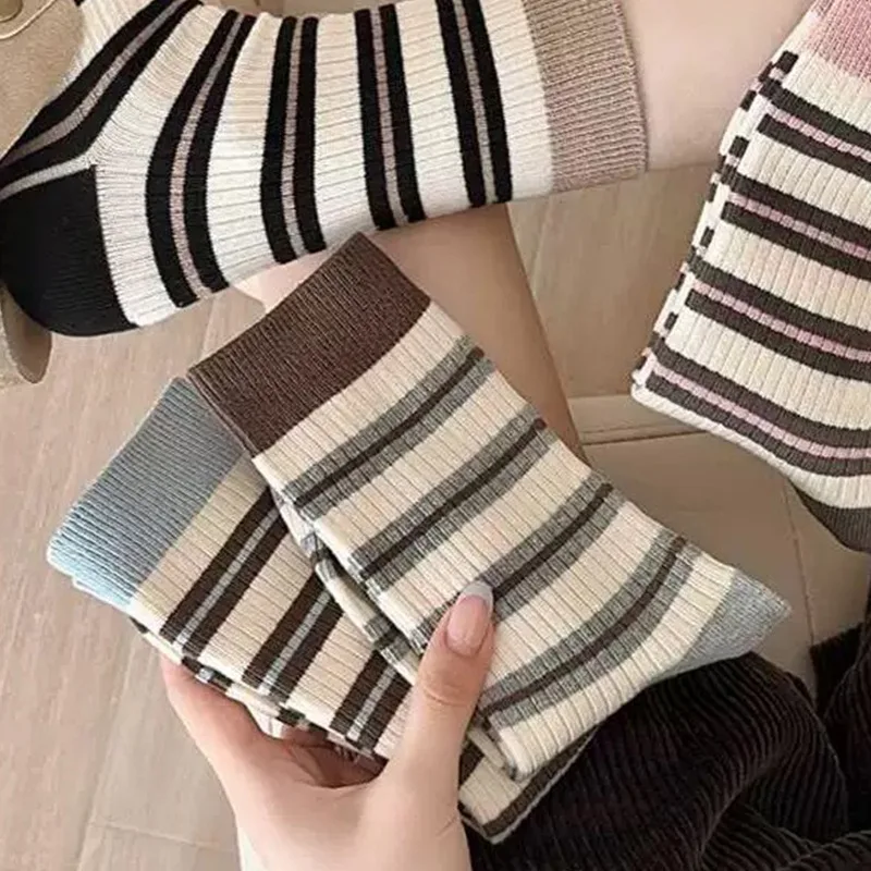 5 pares de calcetines de mujer primavera otoño color contraste raya tendencia versátil sudor absorbente cómodo algodón medio tubo calcetines