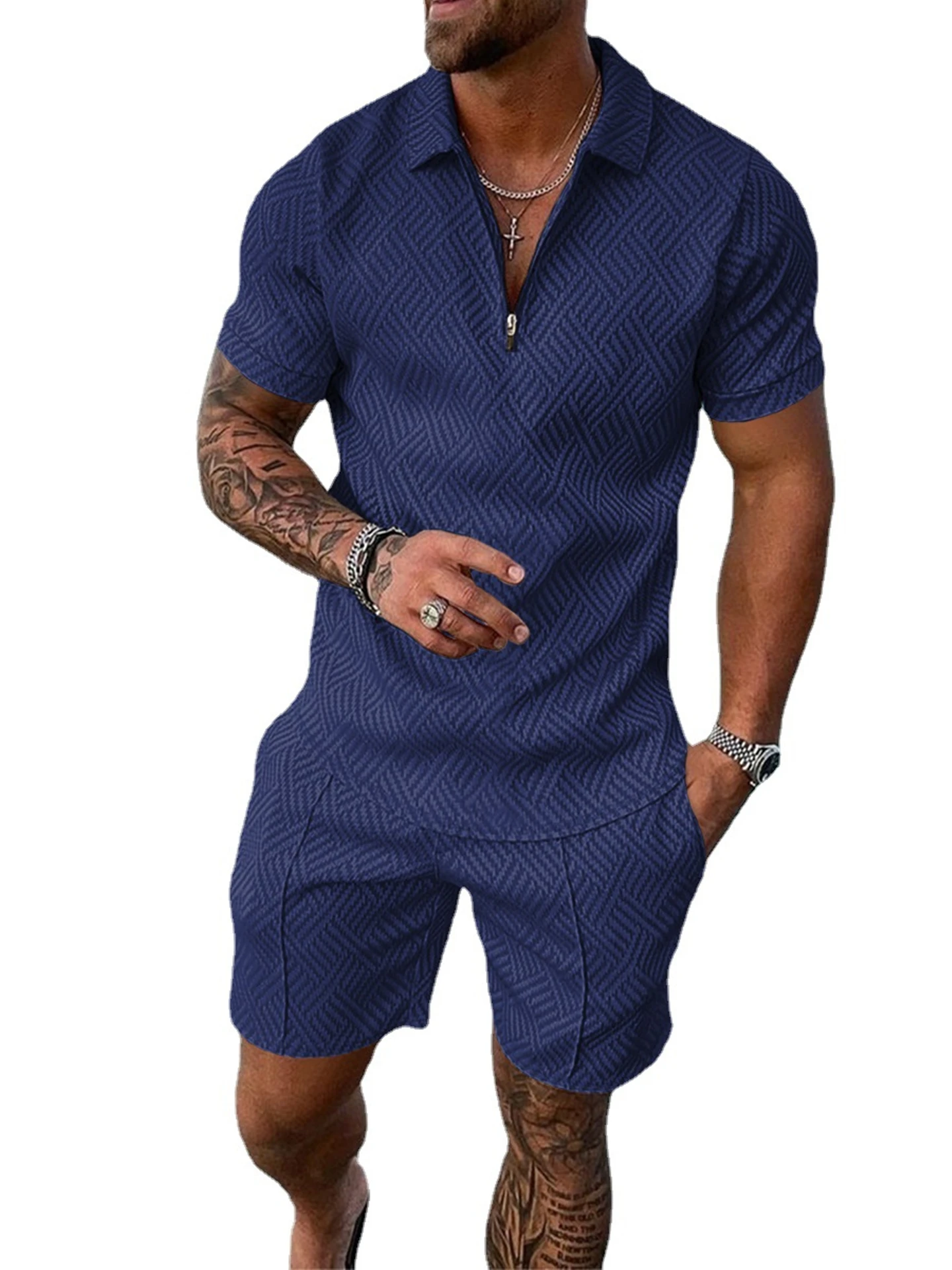 

Zipper Collar ort Sve irt ort Suit Casual Sportswear Set for Youth Polyester Fiber Summer Collection