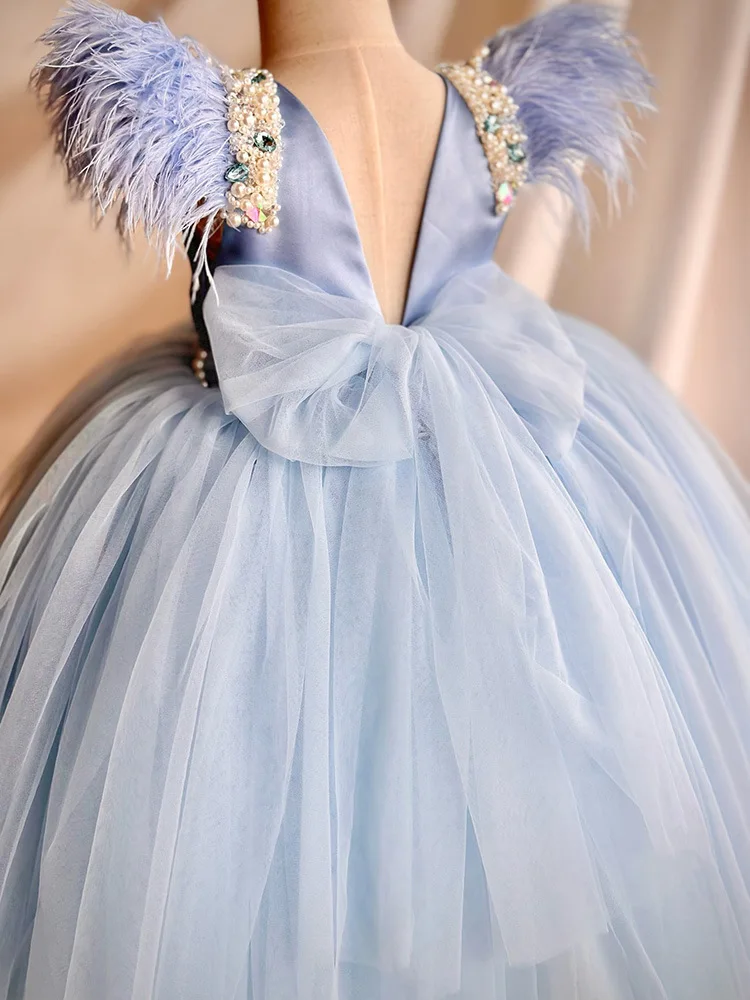 European American Girl Blue Pearl Feather Tulle Princess Dress Baby's 1st Birthday Party Children's Wedding Ball Evening Dress