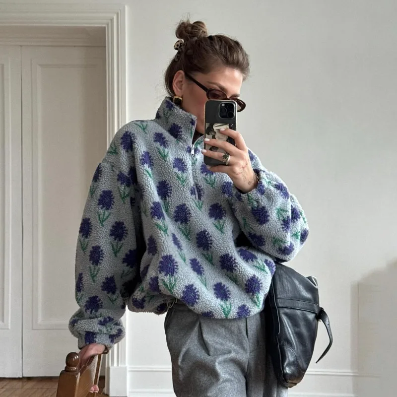 

Новая комфортная женская толстовка на молнии с принтом, воротником-стойкой, длинными рукавами и свободным кроем, осенне-зимняя коллекция