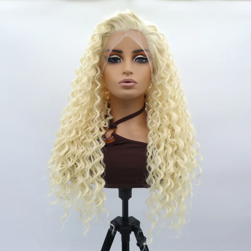 

European and American style women's long curly hair voluminous corn perm hand-tied front lace synthetic fiber matte wig