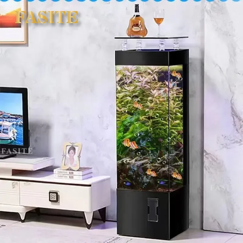 For Living Room Floor Standing Square Fish Tank Solid Wood Self Circulating Silent Ecological Aquarium Next to TV Household