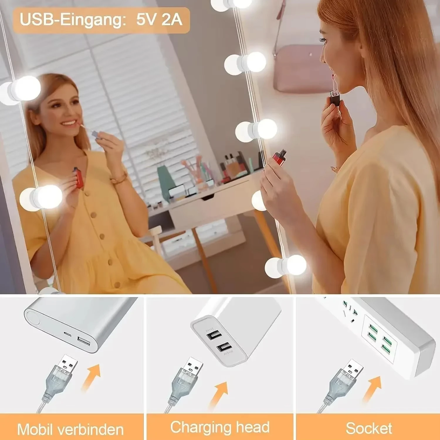 10LED Makeup Mirror Light Bulbs,Dimmable Vanity Lighting Kit w/USB Power for Hollywood Dressing Table,Bathroom & Bedroom Decor