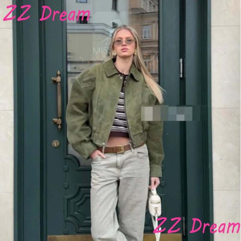 

ZZ Women's Faux Suede Jacket Lapel Long Sleeve Pockets Zipper Short Coat 2025 Autumn Casual Lady Motorcycle Outwears Streetwear