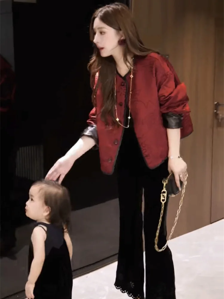 2025 가을 겨울 신상 여성 고급스러운 분위기 양면 착용 가능한 신중국풍 자켓+레이스 트림 팬츠 세트