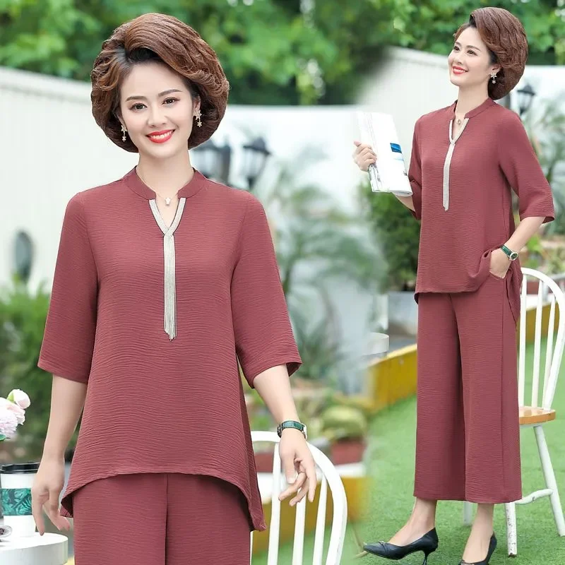 New Style Women's Casual Middle-aged Elderly Summer Mothers' Summer Temperament Fashionable Short-sleeved Suit Twopiece Set