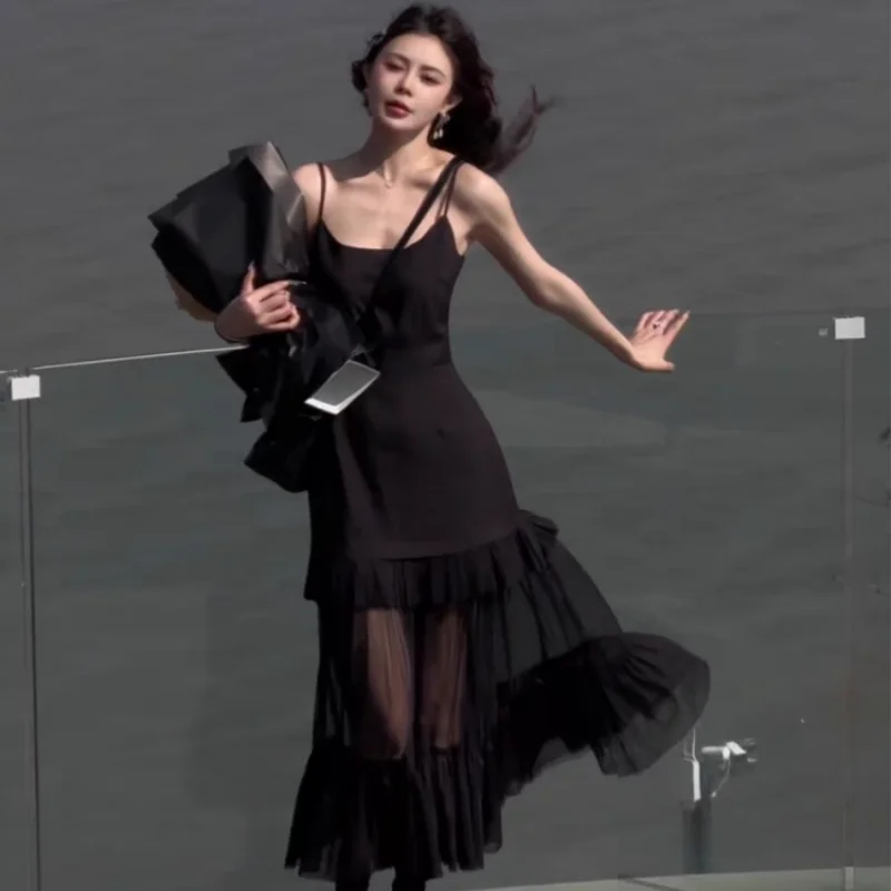 Black Mesh Patchwork Camis Dress Women Korean Fashion Sexy Party Dress Summer Harajuku Slim All Match Spaghetti Strap Vestidos