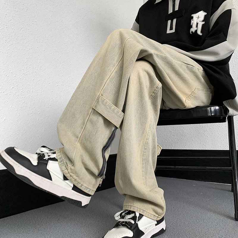Retro American Yellow Earth Tone Men's Jeans Straight Leg Bell Bottoms Cool Handsome Spring Autumn Casual Loose Fit Jeans