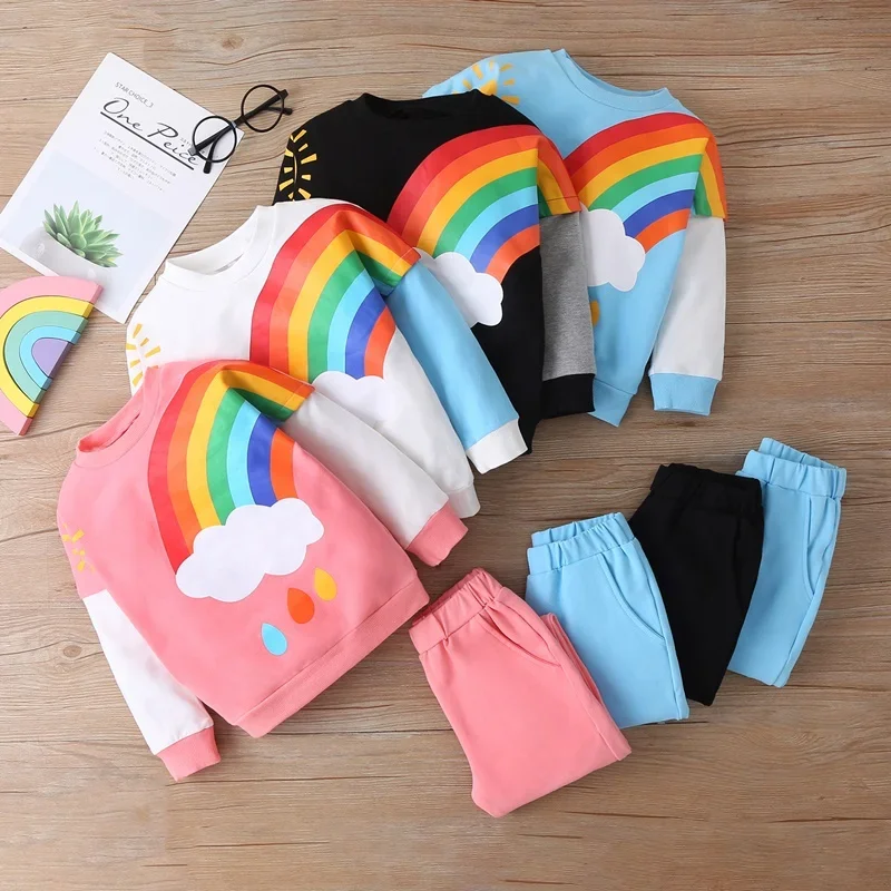 

New Fashion Toddler Girl Clothes 2 Pcs Set Rainbow Print Patchwork Sweater Tops+trousers Sport Kids Clothes Baby Boy Clothes1-6Y