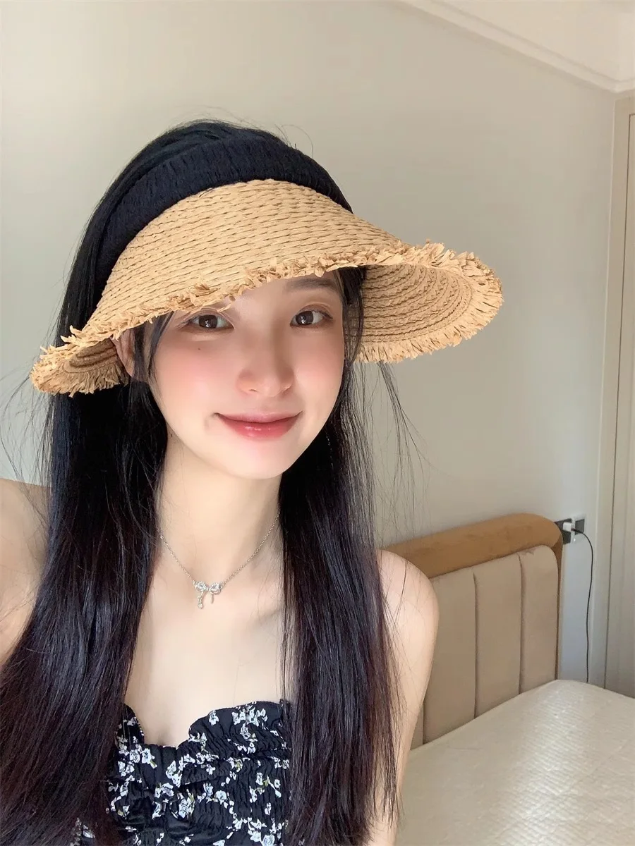 New summer straw hat, beach outdoor empty top hat, foldable, versatile, face-showing, small sun protection hat