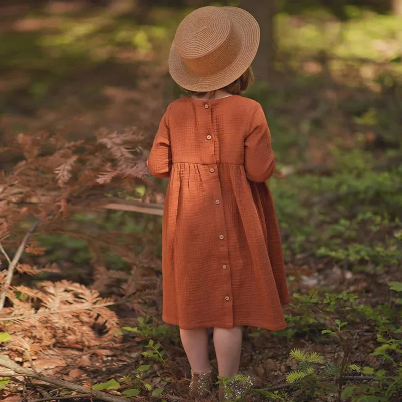 Outono crianças vestido de verão sem mangas linho vestidos de algodão para a criança menina plissado sólido crianças vestido de manga longa presentes de aniversário